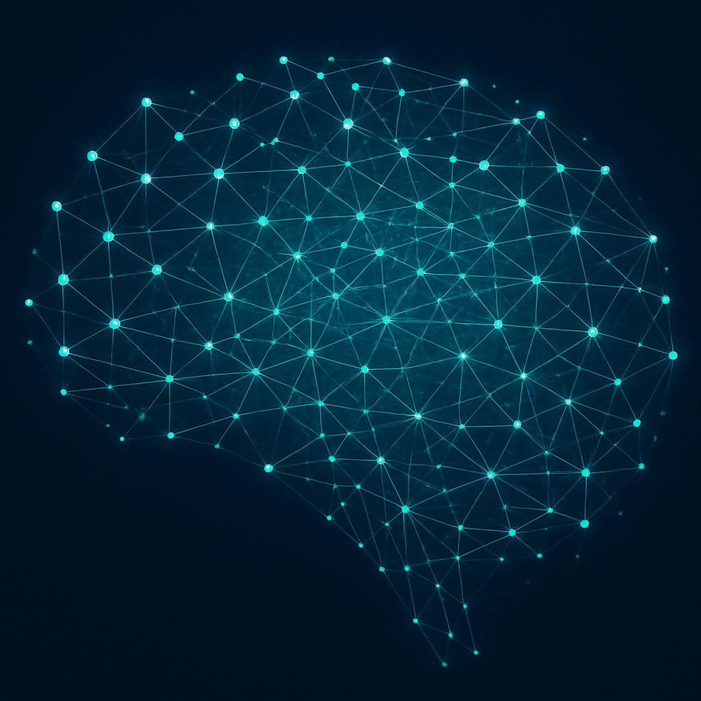 Abstract digital art representing a decentralized network of AI nodes connected by glowing blockchain threads