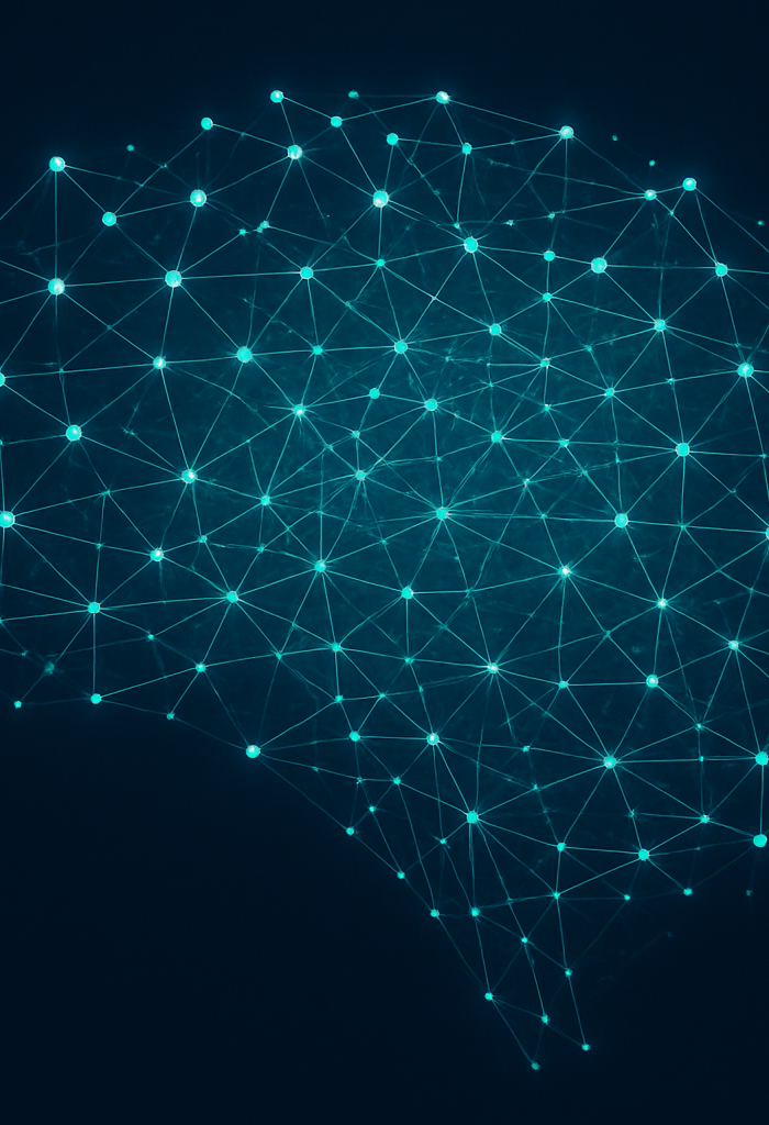Abstract digital art representing a decentralized network of AI nodes connected by glowing blockchain threads